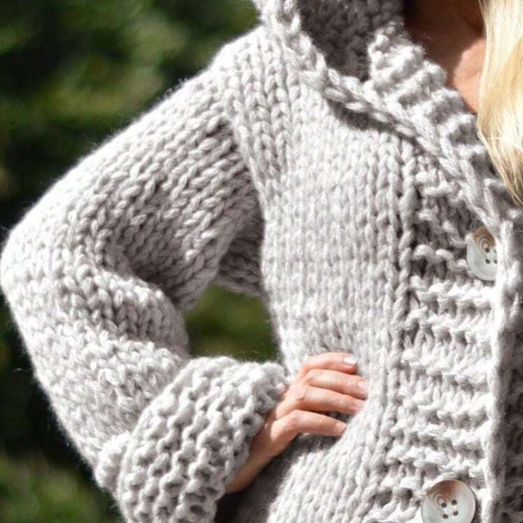 Cozy Grey Chunky Knit Button Down Hoodie Long Cardigan - Picture 5 of 6